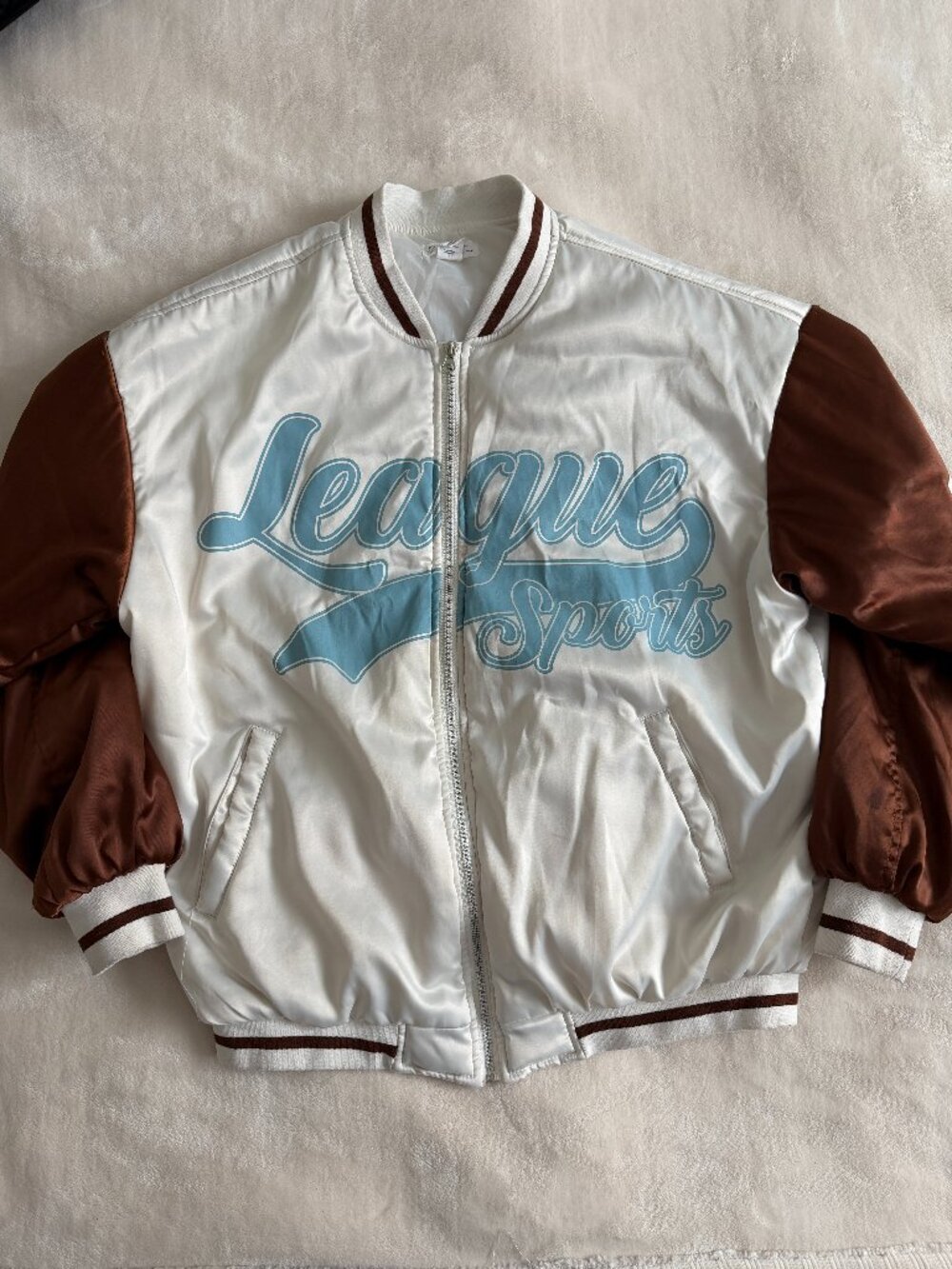 Birch and Stone League Sports Varsity Bomber Jacket Medium Brown Cream Y2K